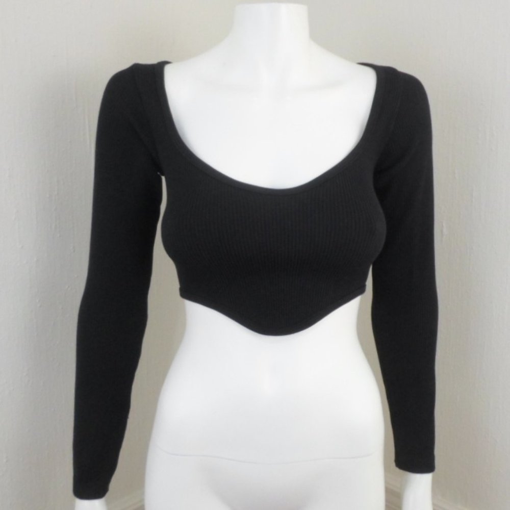 ZARA Black Seamless Ribbed Bodycon Long Sleeve Corset Crop Top M-L